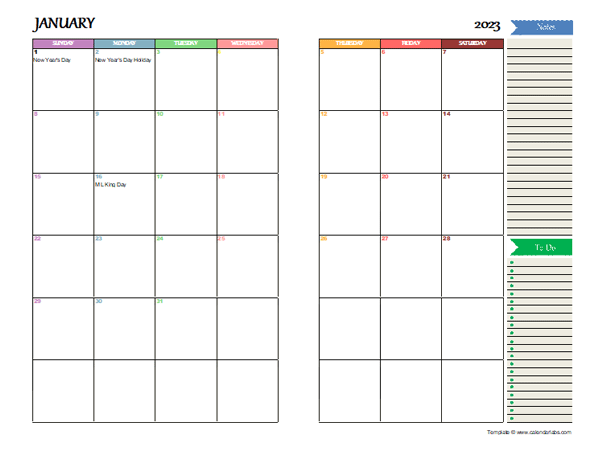 2023 Two Page Monthly Spreadsheet Calendar