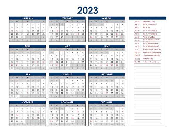 2023 UAE Annual Calendar with Holidays