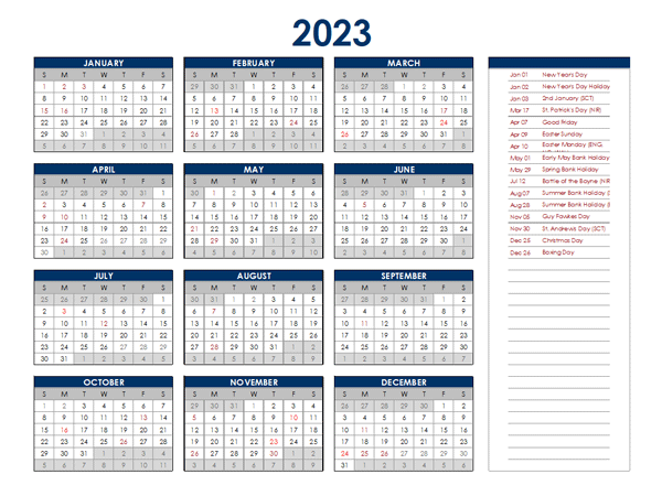 2023 UK Annual Calendar with Holidays - Free Printable Templates