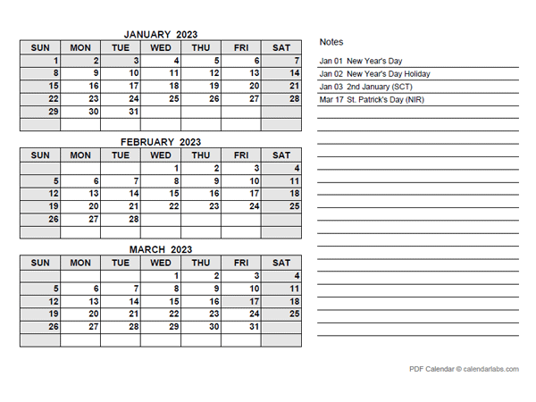 2023 UK Quarterly Calendar with Holidays