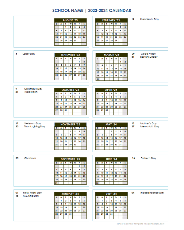2023 Vertical Yearly Calendar Aug-July