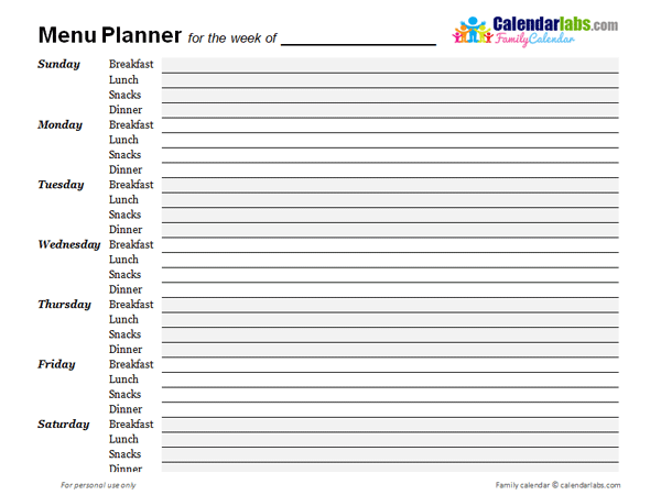 2023 Weekly Menu Planner