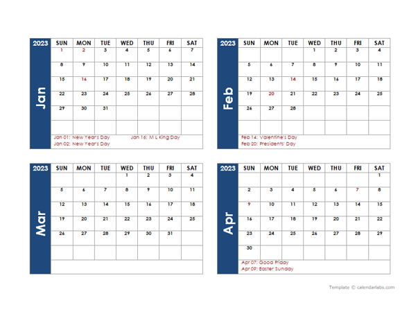 2023 Word Calendar Four Months Per Page