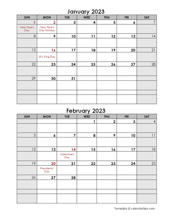 2023 Word Calendar Template Two Months In One Page