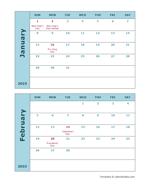 2023 Word Calendar Two Months Per Page