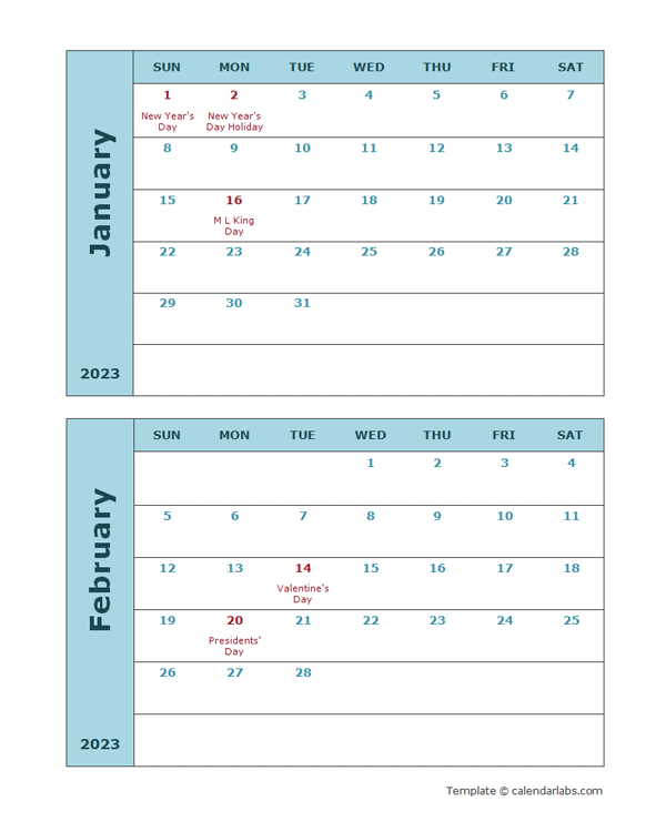 2023 Word Calendar Two Months Per Page Free Printable Templates