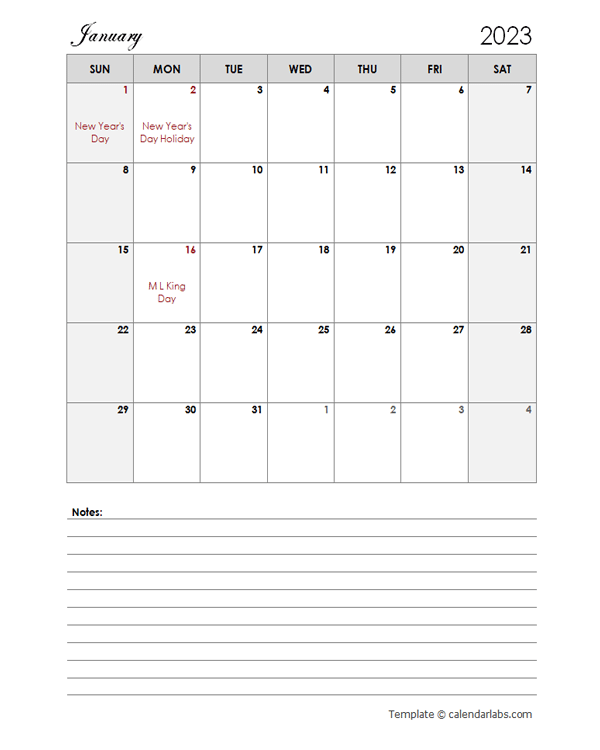 2023 Word Calendar Template With Notes