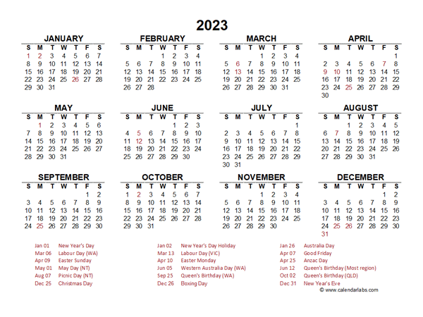 2023 Year at a Glance Calendar with Australia Holidays