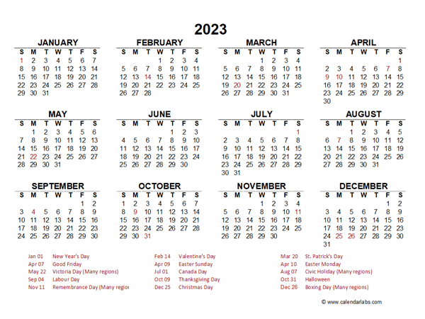2023 Year at a Glance Calendar with Canada Holidays