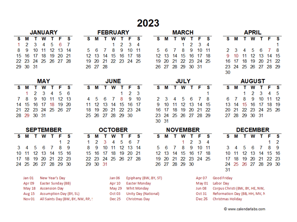 2023 Year at a Glance Calendar with Germany Holidays