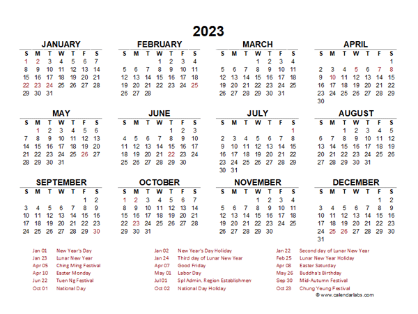 2023 Year at a Glance Calendar with Hong Kong Holidays