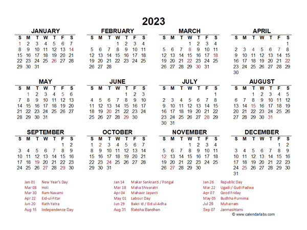 2023 Year At A Glance Calendar With India Holidays - Free Printable Templates