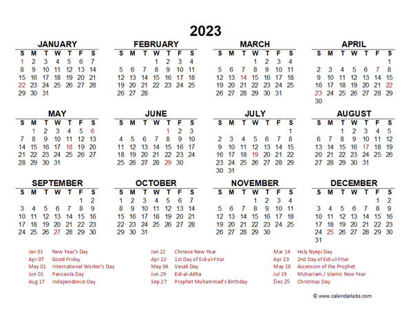 2023 Year at a Glance Calendar with Indonesia Holidays