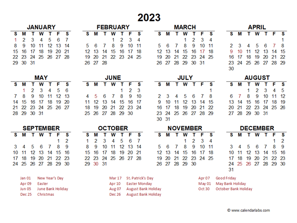 2023 Year at a Glance Calendar with Ireland Holidays