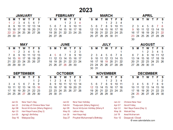 2023 Year at a Glance Calendar with Malaysia Holidays