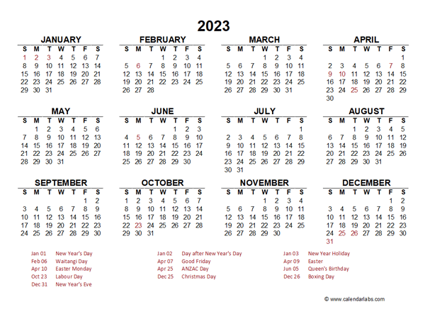 2023 Year at a Glance Calendar with New Zealand Holidays