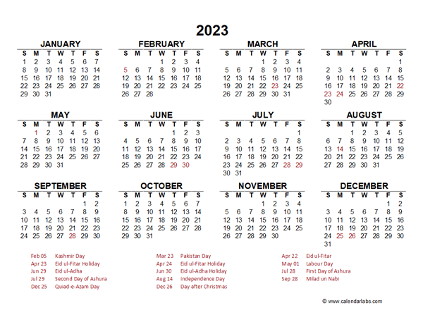2023 Year at a Glance Calendar with Pakistan Holidays