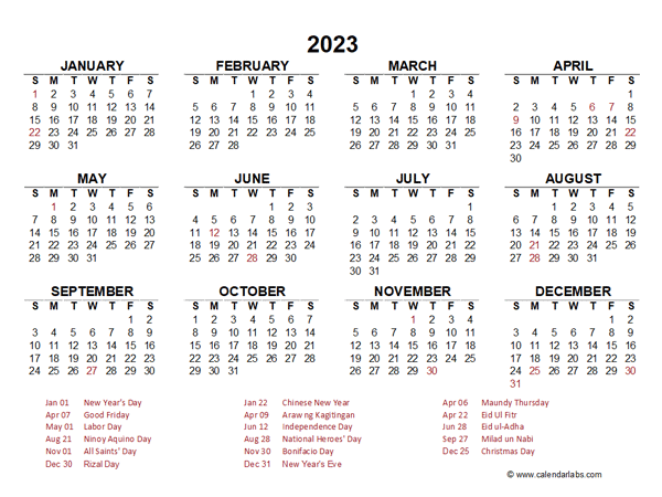 2023 Year at a Glance Calendar with Philippines Holidays