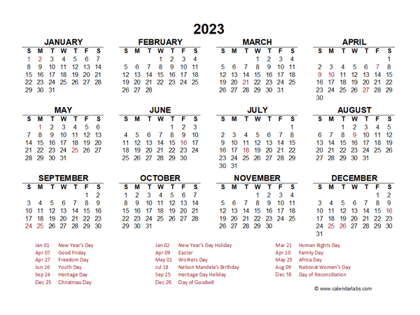 2023 Year at a Glance Calendar with South Africa Holidays