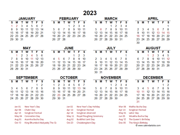 2023 Year at a Glance Calendar with Thailand Holidays