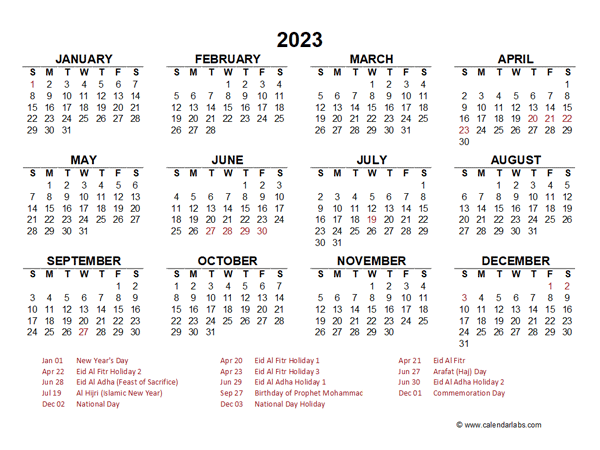 2023 Year at a Glance Calendar with UAE Holidays