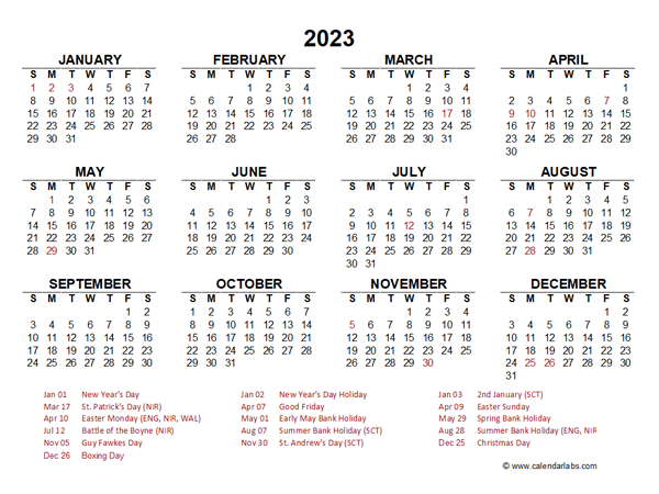 2023 Year at a Glance Calendar with UK Holidays