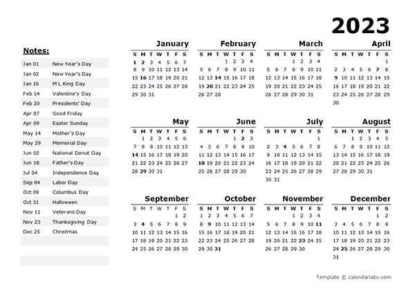 2023 Year Calendar Template With Us Holidays Free Printable Templates