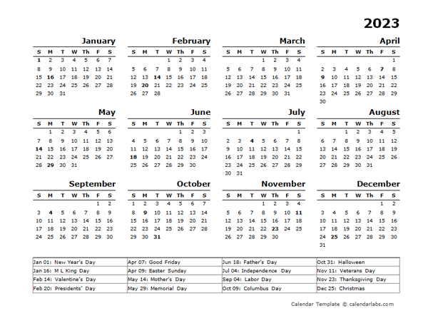 2023 Yearly Calendar Template With US Holidays