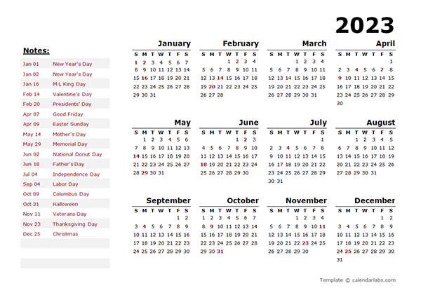 2023 Year Calendar Word Template With Holidays