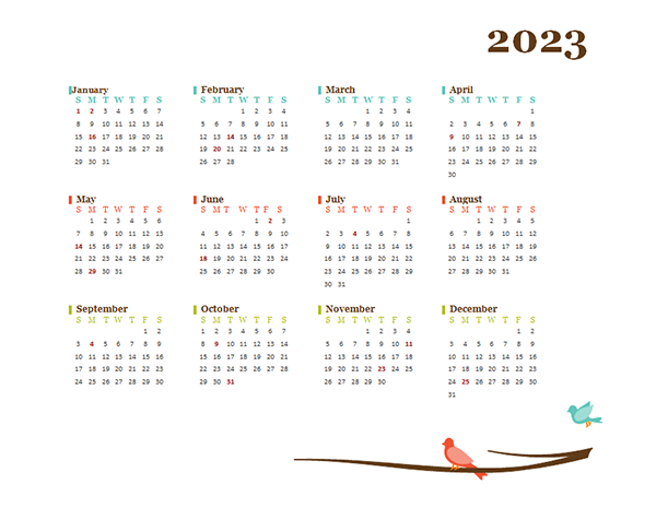 2023 Blank Yearly Calendar Bird Template