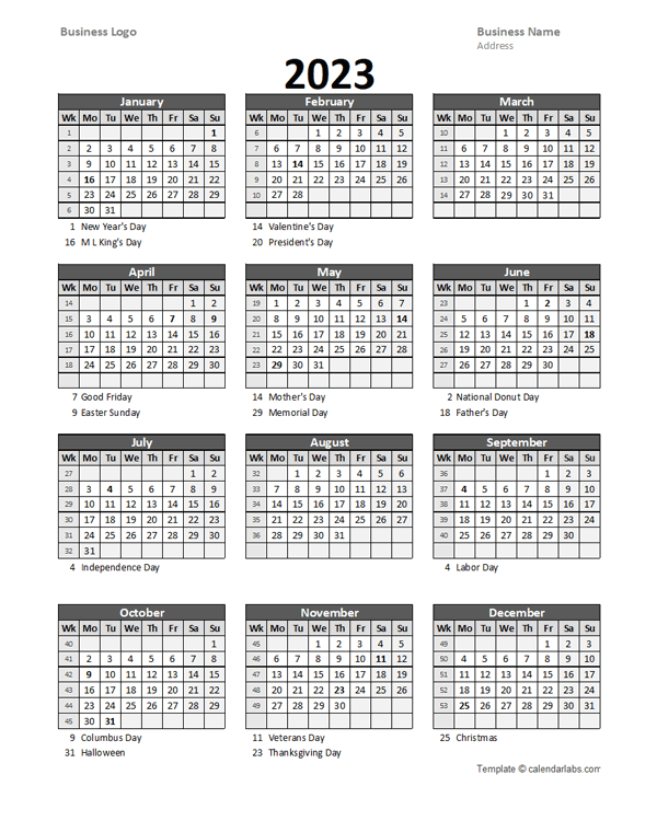 2023 Yearly Business Calendar With Week Number