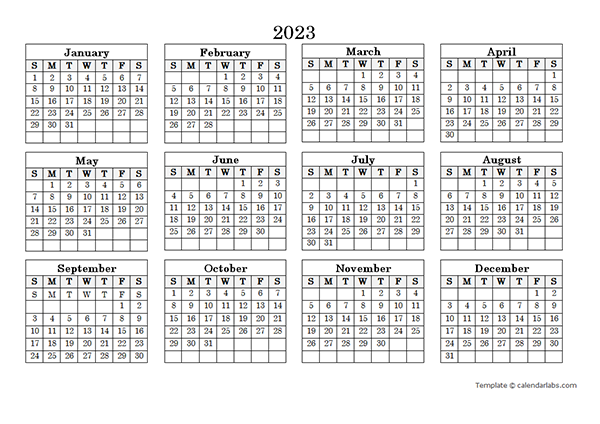 2023 Blank Yearly Calendar Landscape - Free Printable Templates