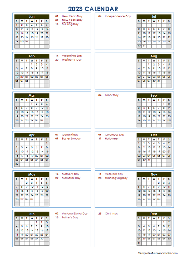 2023 Yearly Calendar Template Vertical Design Free Printable Templates