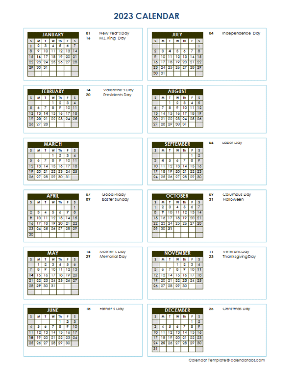 2023 Full Year Calendar Vertical Template