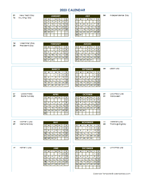 2023 Annual Calendar Vertical Template