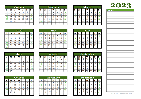 2023 Yearly Calendar With Blank Notes