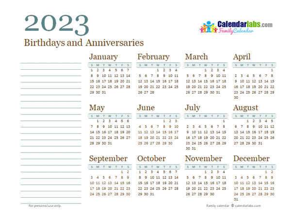 2023 Yearly Family Calendar