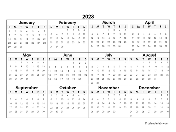 2023 Yearly Mini Calendar Template