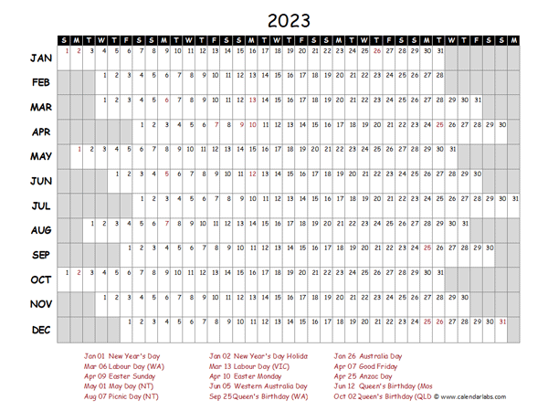 2023 Yearly Calendar Australia Free Printable