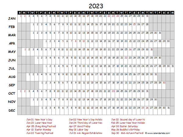 2023 Yearly Project Timeline Calendar Hong Kong