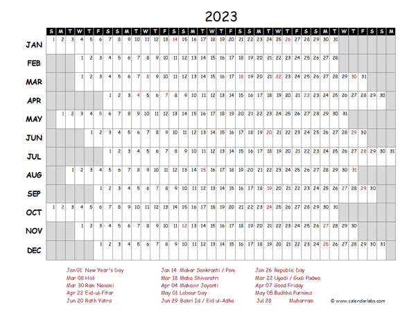 2023 Yearly Project Timeline Calendar India