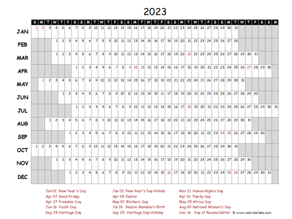 2023 Yearly Project Timeline Calendar South Africa