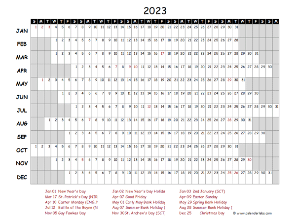 2023 Yearly Project Timeline Calendar UK