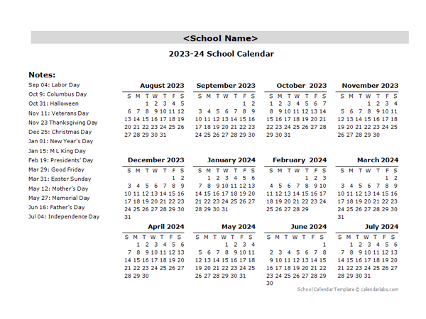 2023 Yearly School Aug-Jul Calendar With Holidays