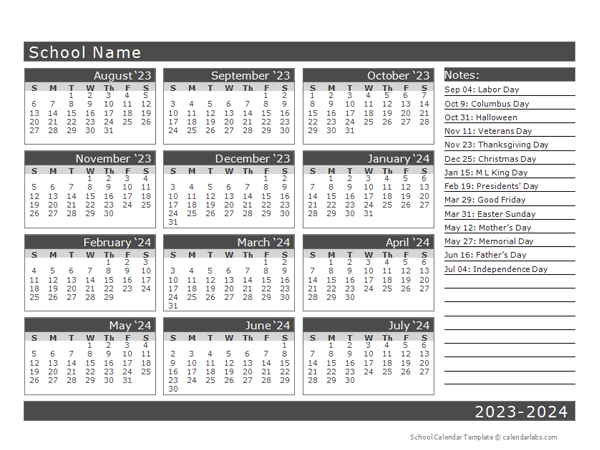 2023 Yearly School Horizontal Calendar Aug