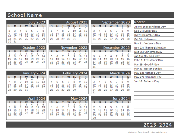 2023 Yearly School Horizontal Calendar Jul