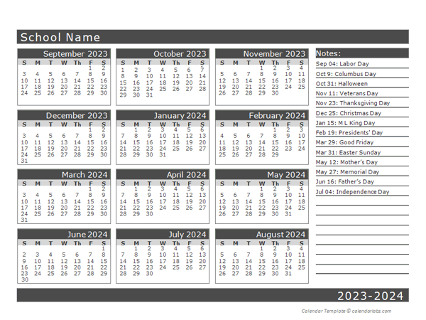 2023 Yearly School Horizontal Calendar Sep