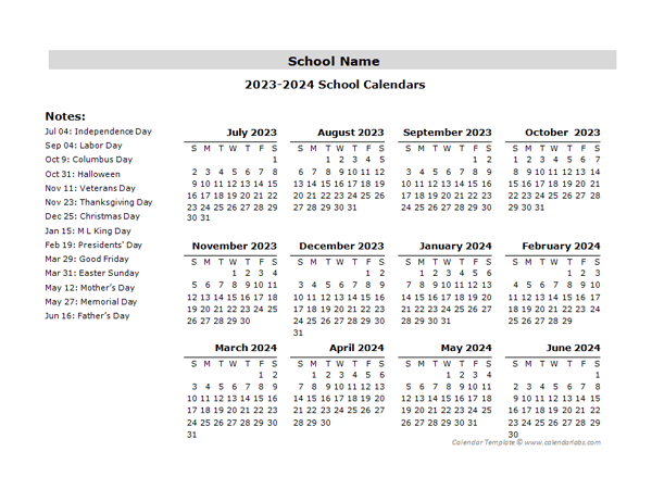 2023 Yearly School Jul-Jun Calendar With Holidays