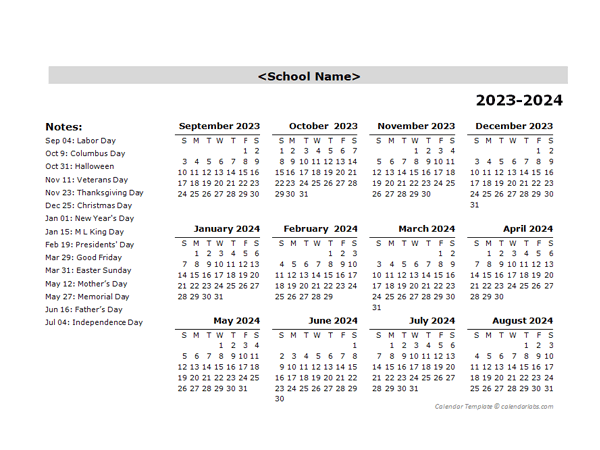 2023 Yearly School Sep-Aug Calendar With Holidays