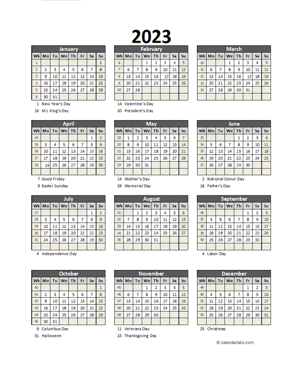 Editable 2023 Yearly Spreadsheet Calendar